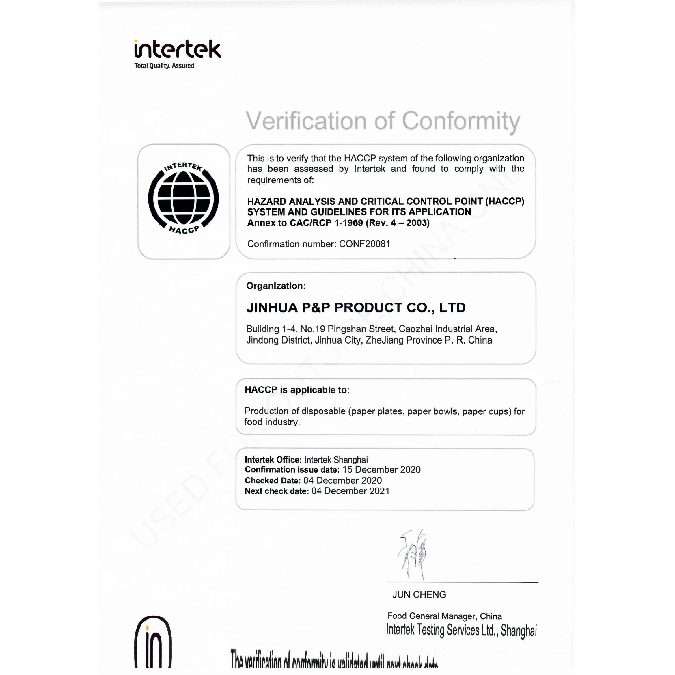 HACCP Verification of Conformity